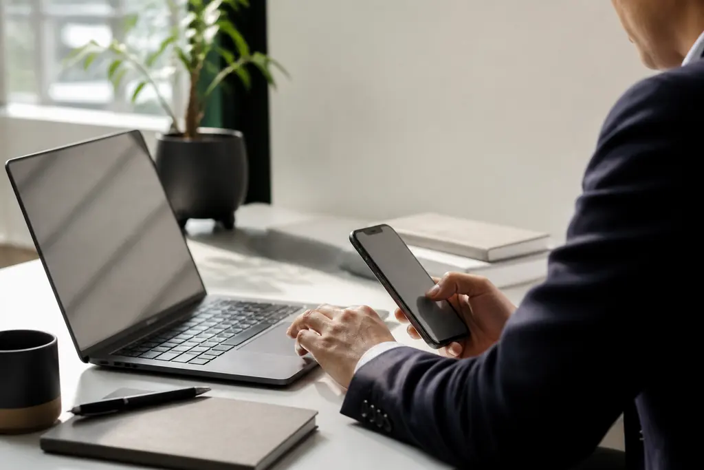 ノートPCとスマートフォンで重要操作を確認する利用者